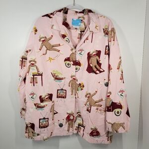 Nick & Nora Flannel Pink Sock Monkey 100% Cotton Flannel Pajama Top Women Sz XXL